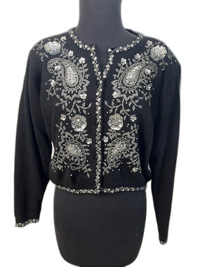 Vintage Y2K Express Tricot Black Wool Angora Beaded Silver Sequins Cardigan S